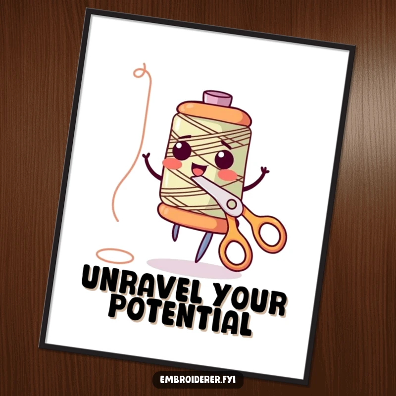 Funny Free Printable Wall Art of a giggling thread spool dancing merrily with a pair of scissors, a whimsical decor piece.