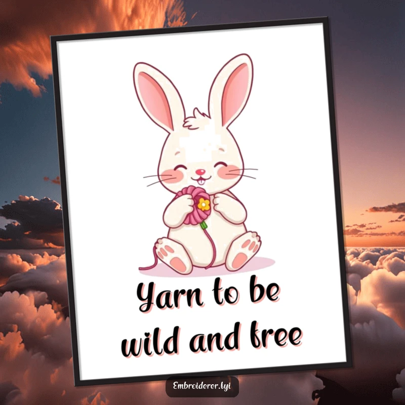 Funny free printable wall art: a cheerful rabbit dedicatedly embroiders a beautiful flower with colorful yarn.