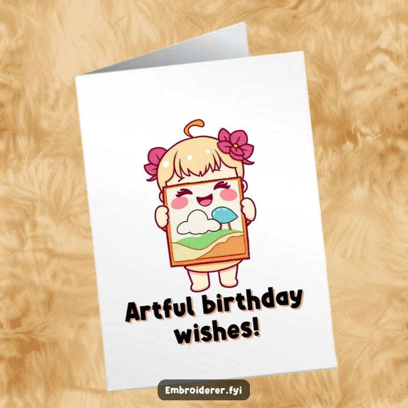 Free Printable birthday card featuring a joyful character proudly holding up a beautiful piece of their own embroidered art.
