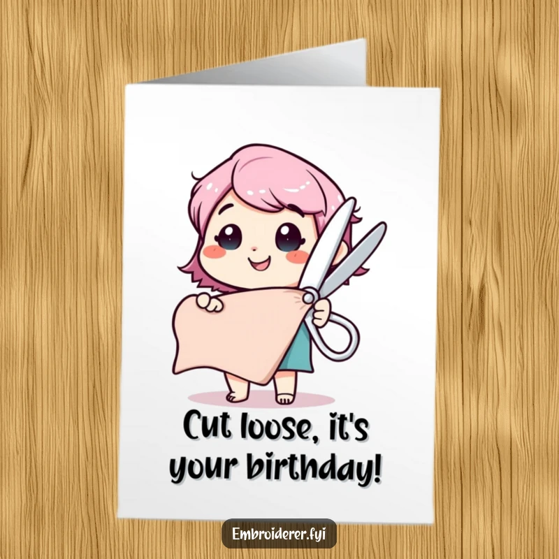 Funny Free Printable Birthday Card: Happy character about to cut a fabric swatch with comically oversized scissors, celebrating.