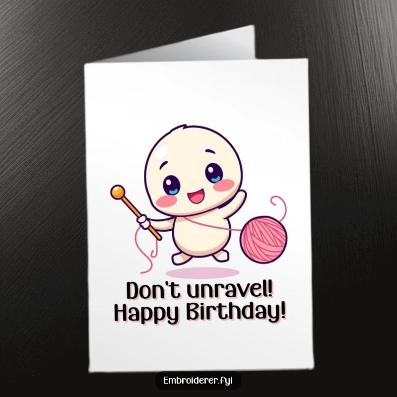 Funny Free Printable Birthday Card: A happy character comically chasing a runaway spool of thread with needle in hand.