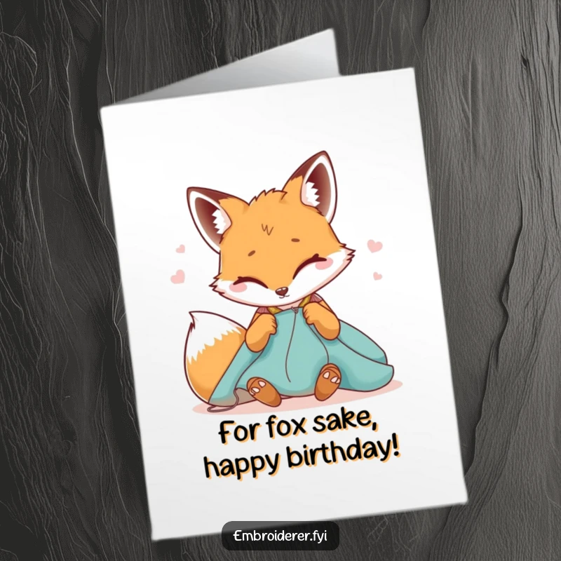 Funny free printable birthday card: a winking fox skillfully pushes a needle through fabric, crafting a birthday surprise.
