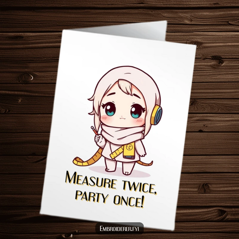 Funny Free Printable Birthday Card: Character in measuring tape scarf looking amazed at a creation.