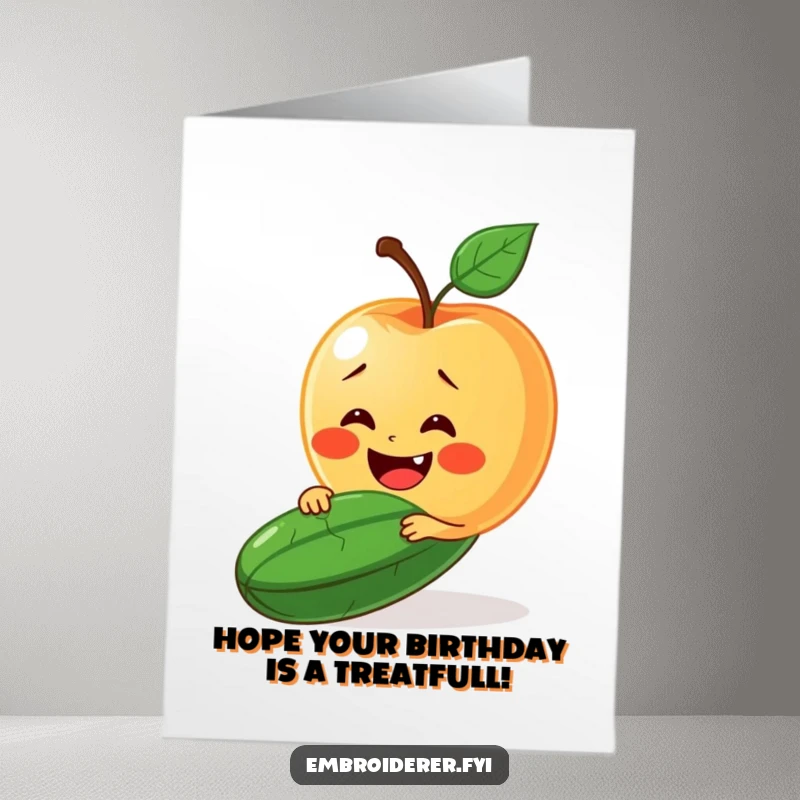 Funny free printable birthday card showing a delighted apple stitching a smile onto a grumpy cucumber's face, spreading happiness.