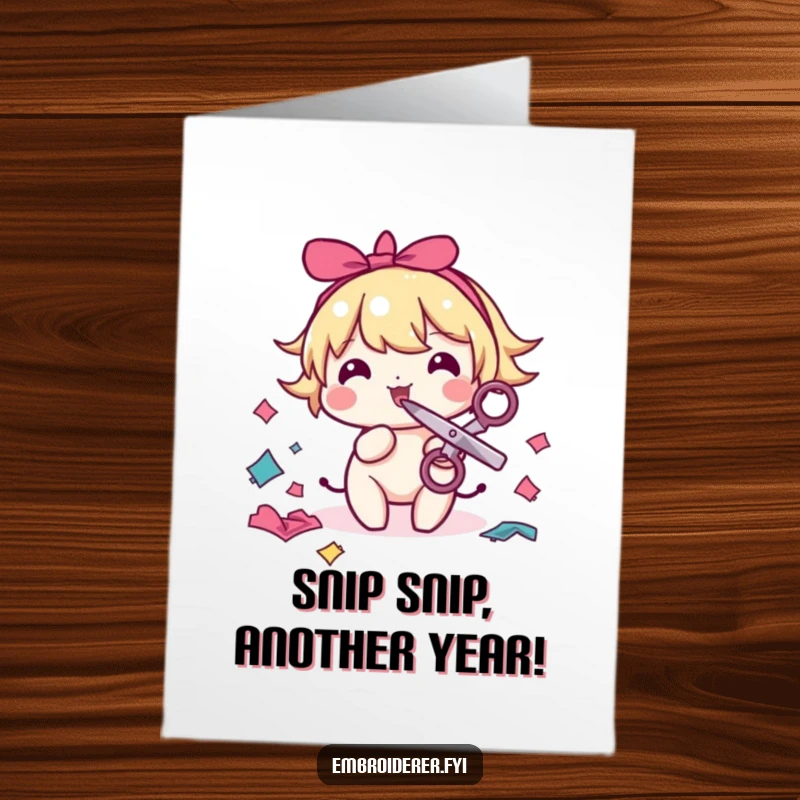 Funny Free Printable Birthday Card: Character with scissors in mouth playfully snipping colorful fabric scraps.