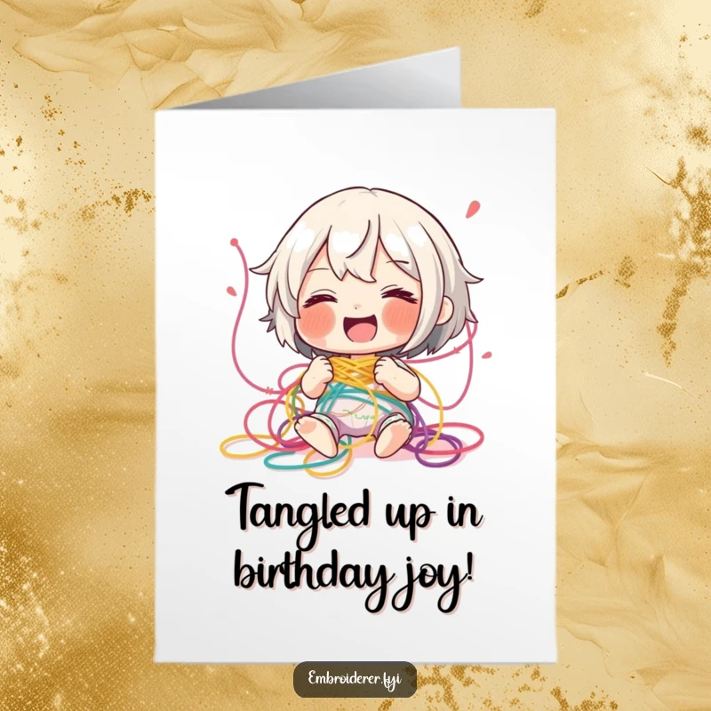 Funny Free Printable Birthday Card: Character giggling uncontrollably while entangled in a colorful mess of embroidery thread.