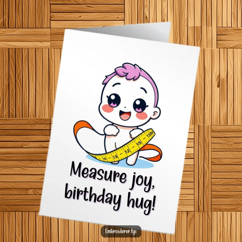 Free Printable birthday card with a cheerful character happily holding a colorful tape measure, ready to measure something exciting.