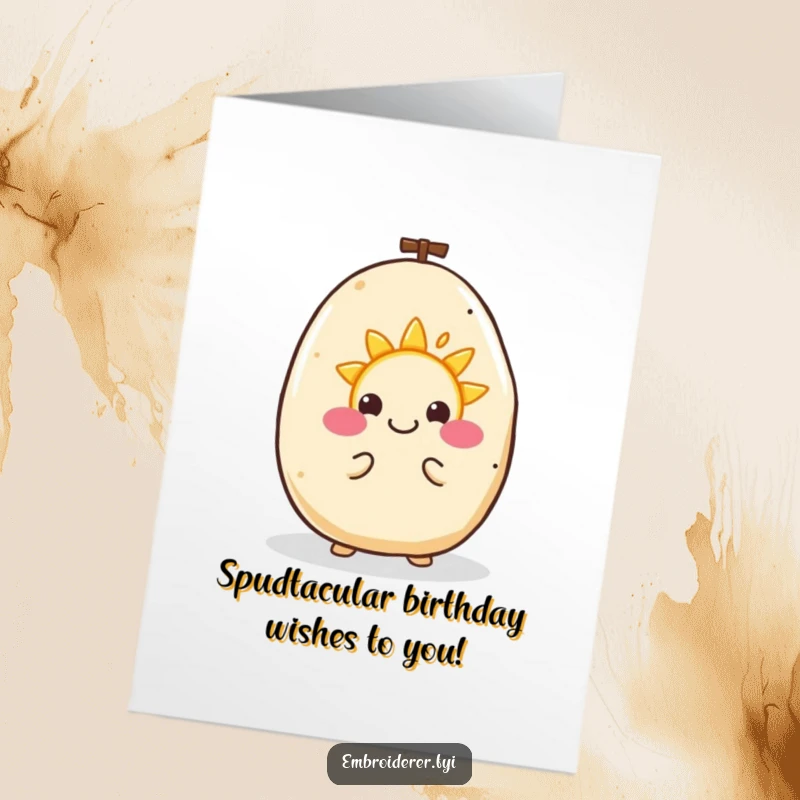 Funny free printable birthday card showing a happy potato enthusiastically embroidering a tiny smiling sun, spreading cheer and warmth.