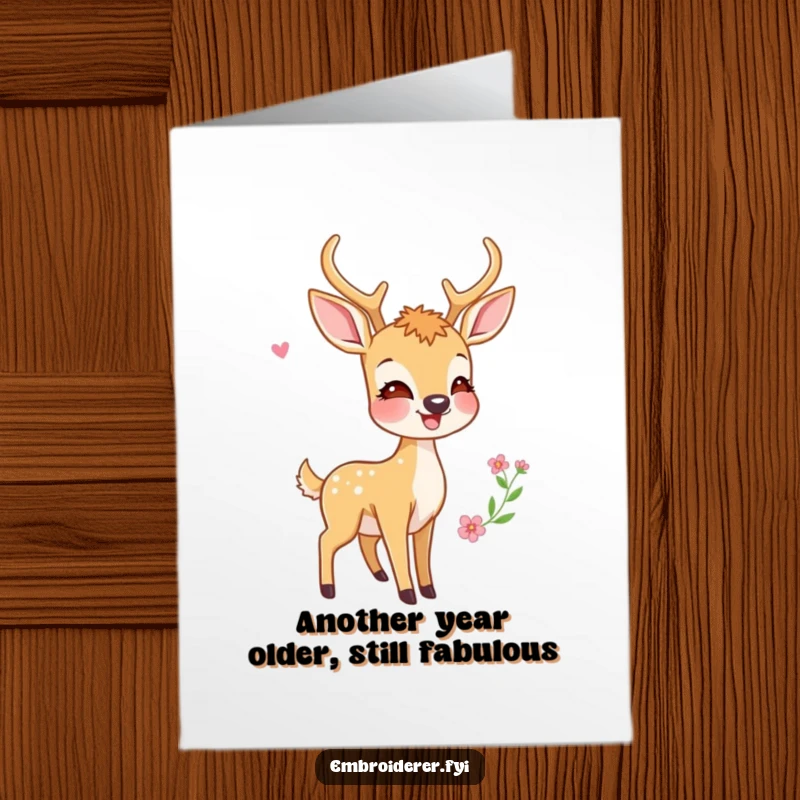 Funny Free Printable Birthday Card: A happy deer proudly shows off its beautiful embroidery creation, ready to spread joy.