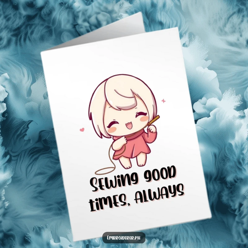 Funny Free Printable Birthday Card: Playful character sewing a swirling line, a creative downloadable gift.