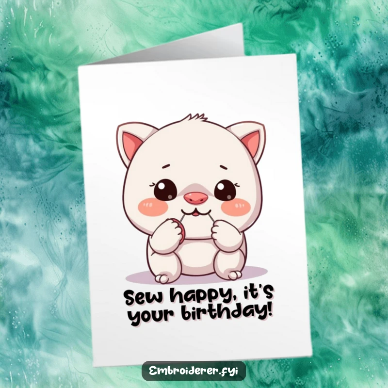 Funny Free Printable Birthday Card: Mischievous character hilariously trying to sew a tiny button onto its own nose.