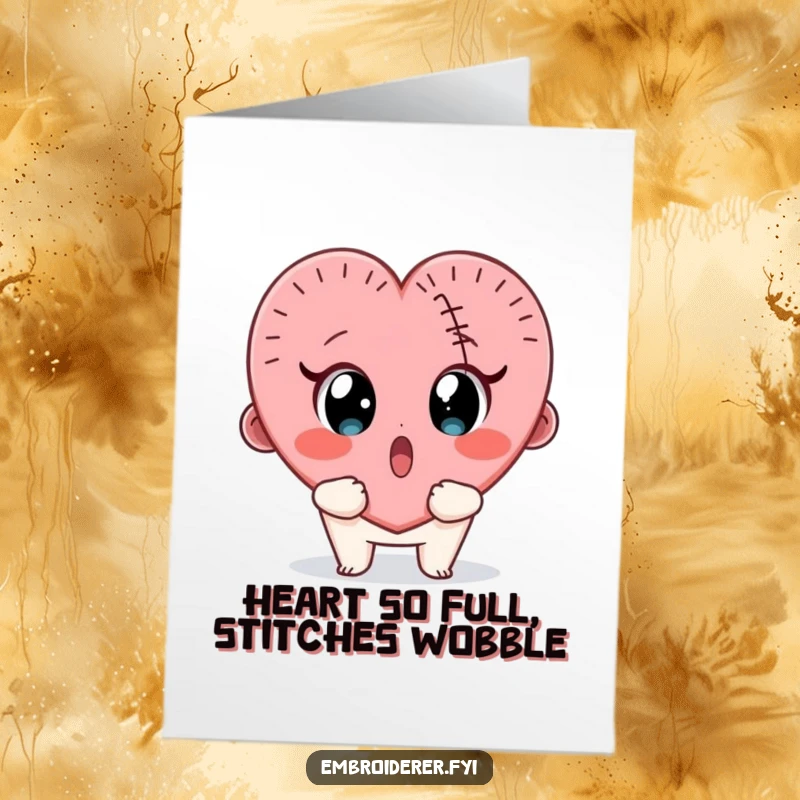 Funny Free Printable Birthday Card: Surprised character sees a wobbly stitched heart, a unique downloadable gift.
