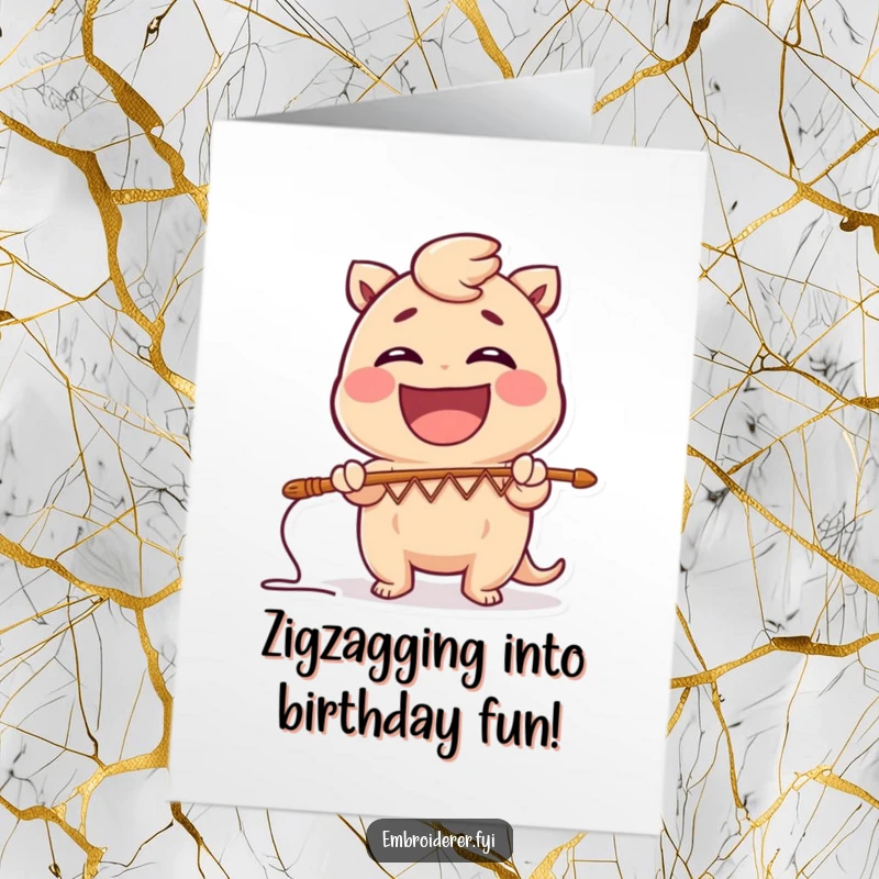 Funny Free Printable Birthday Card: Gleeful character laughs heartily while stitching a comical zig-zag pattern with a large needle.