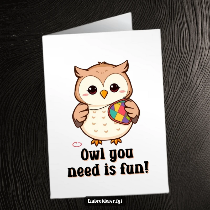 Funny free printable birthday card: a smiling owl joyfully stitches a vibrant patch, ready for a celebration.
