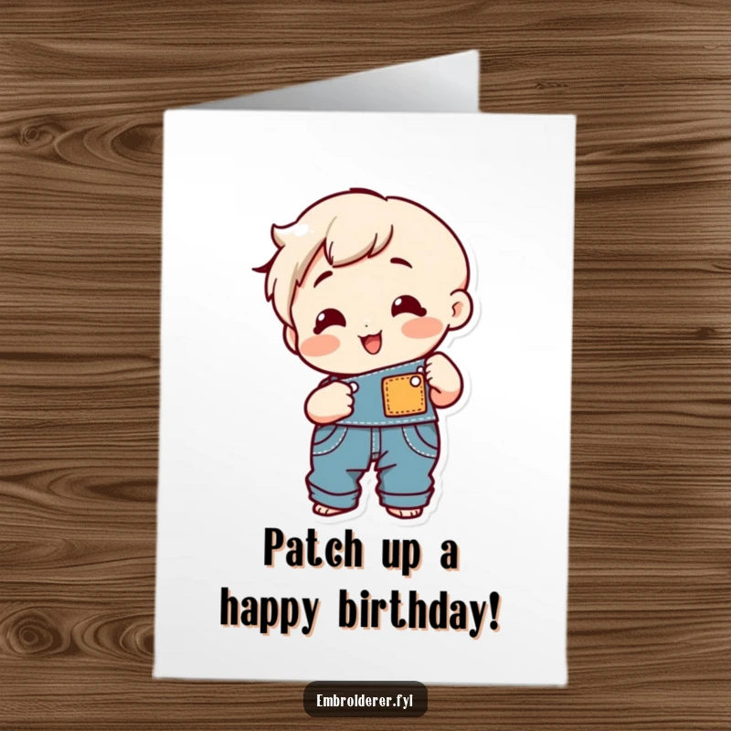 Funny Free Printable Birthday Card: A happy character joyfully sews a patch onto a pair of denim overalls.