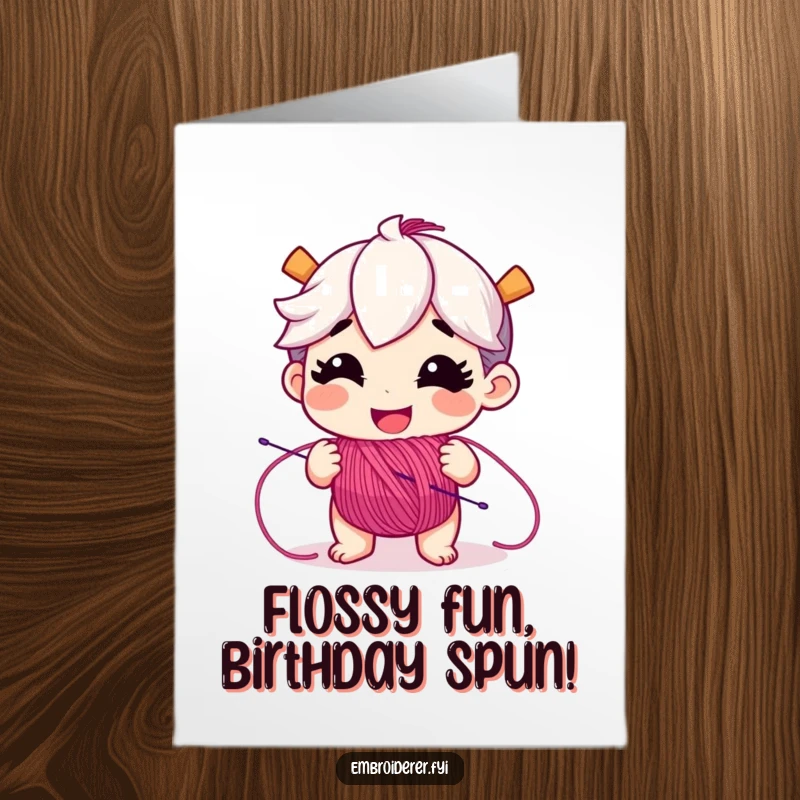 Funny Free Printable birthday card showing a playful character with a big grin, unspooling colorful embroidery floss, ready for fun.