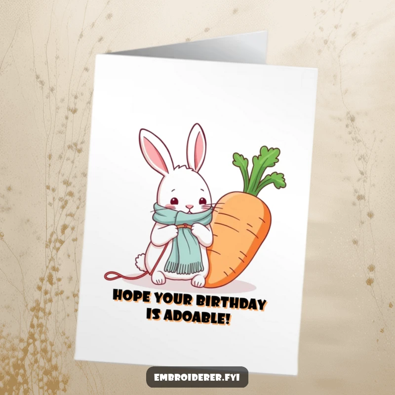 Funny Free Printable Birthday Card: A determined rabbit knits a scarf for an enormous carrot, a quirky birthday scene.