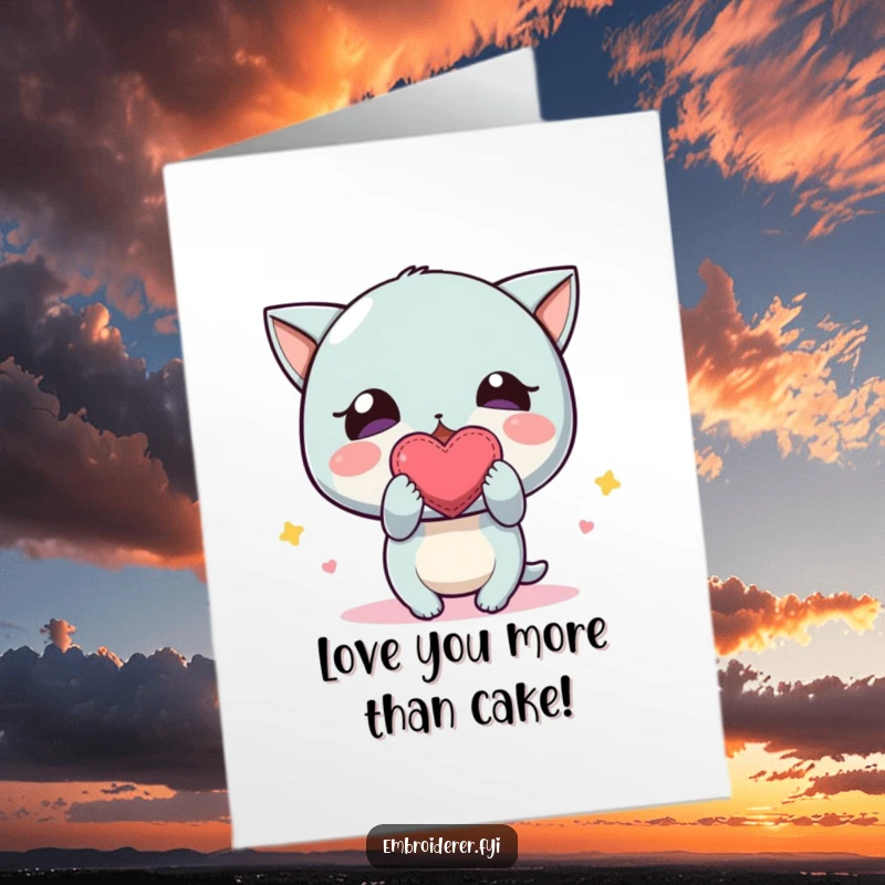 Funny Free Printable Birthday Card featuring a character proudly displaying a small, wonderfully wonky embroidered heart, full of love.