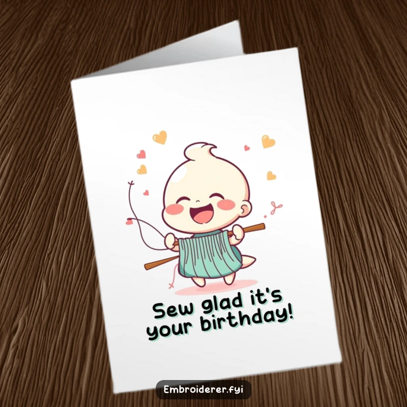 Funny Free Printable Birthday Card: Cheerful figure laughing as stitches fly from a needle at high speed. A funny downloadable birthday gift.