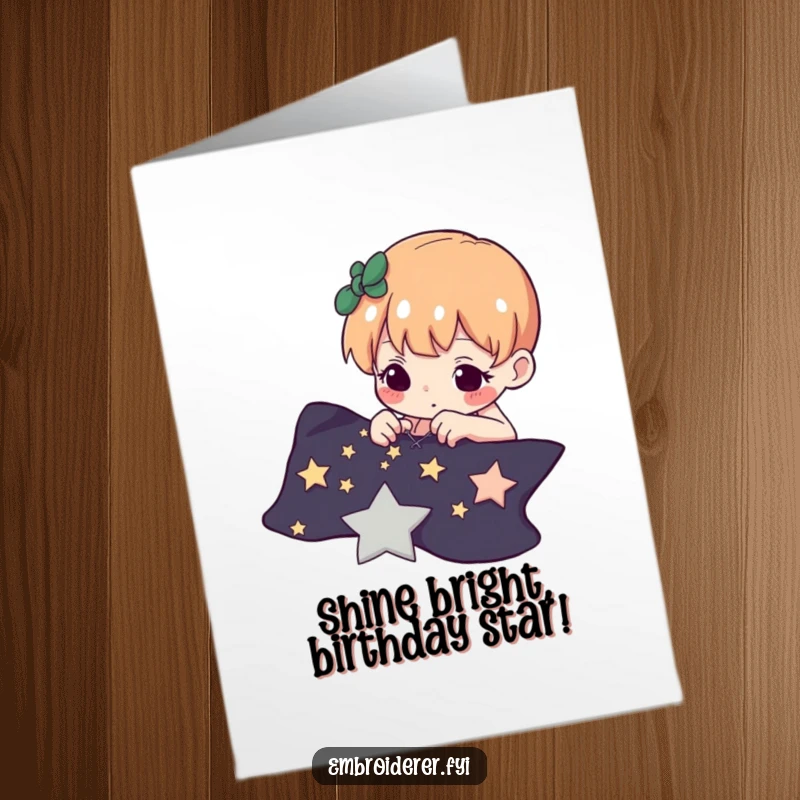 Funny Free Printable Birthday Card: Determined character meticulously stitching tiny stars onto a dark fabric, creating a night sky.