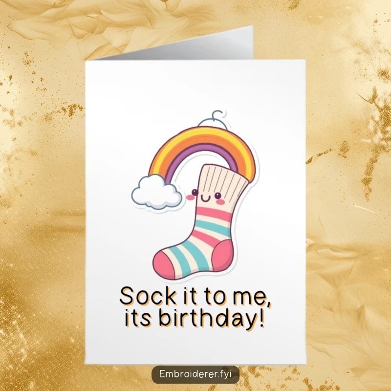 Funny Free Printable Birthday Card: A cheerful sock humorously sewing a rainbow onto a fluffy cloud.