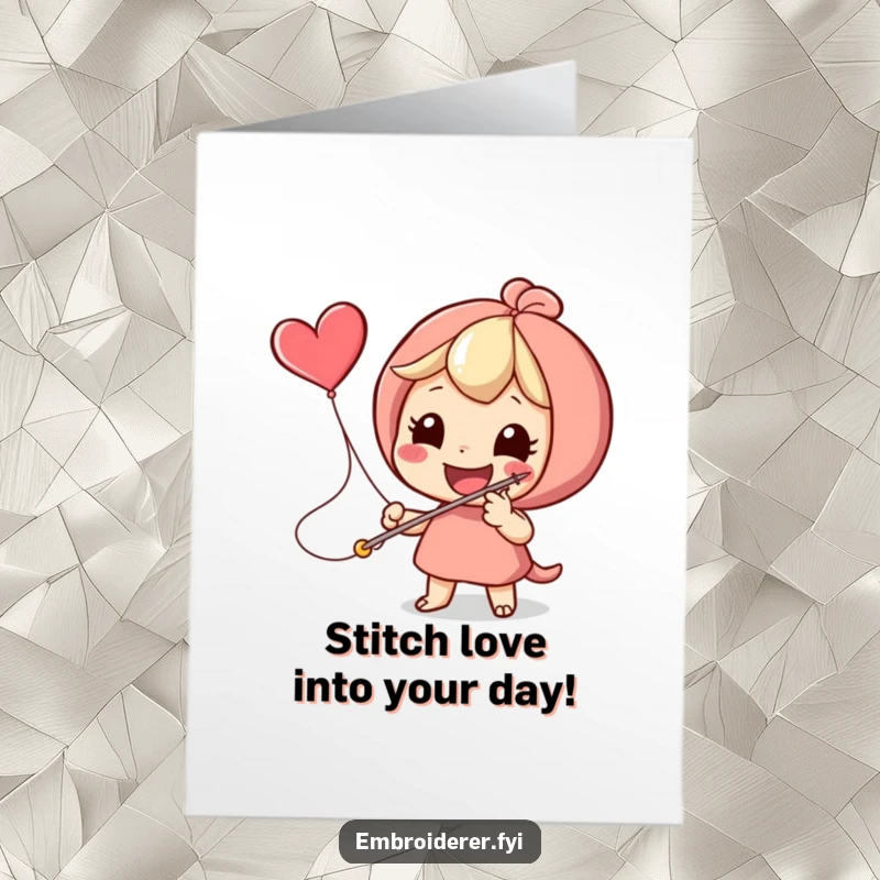 Funny Free Printable Birthday Card: Whimsical character stitches a flying heart with a giant needle, sending love on a birthday.