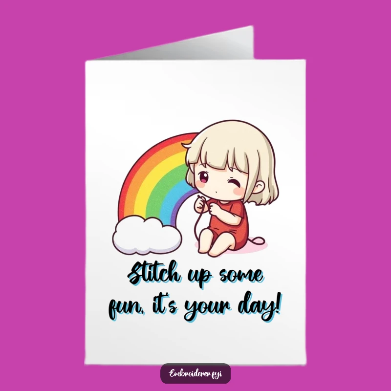 Free Printable Birthday Card: Rainbow Stitching Character Fun!