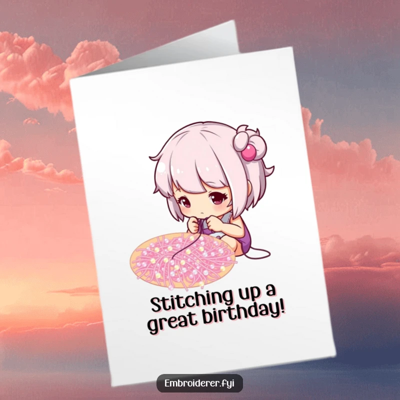 Funny Free Printable Birthday Card: Focused character intently stitching tiny sparkling beads onto a swirling pattern, creating a beautiful design.