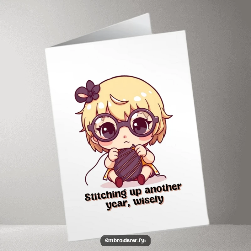 Funny Free Printable Birthday Card: Cute character in oversized glasses, sewing with intense focus, a perfect DIY gift for crafters.