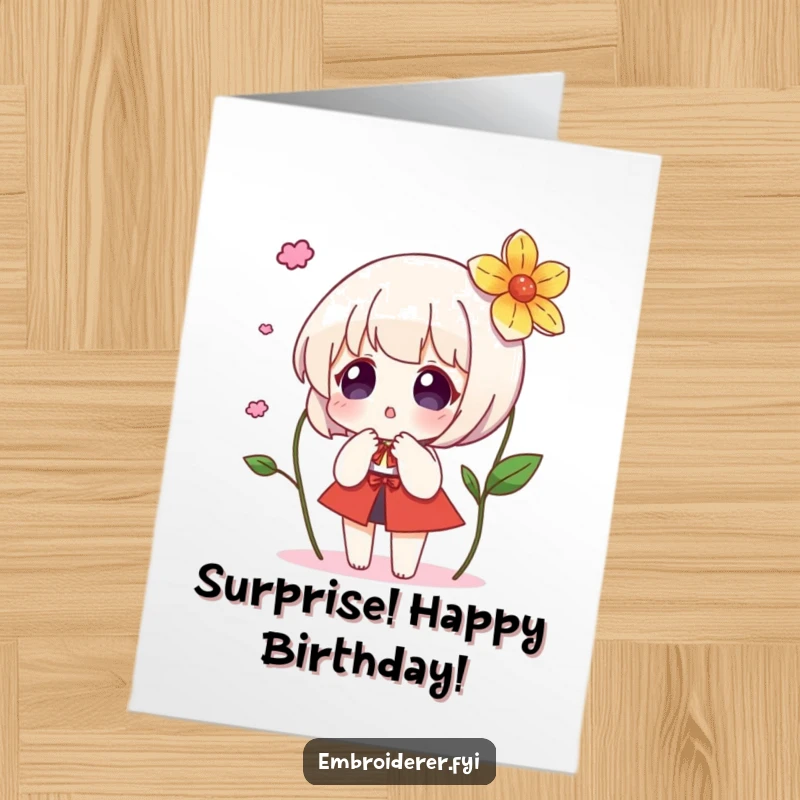 Funny Free Printable Birthday Card: Character looks astonished as a vibrant embroidered flower magically appears mid-air.