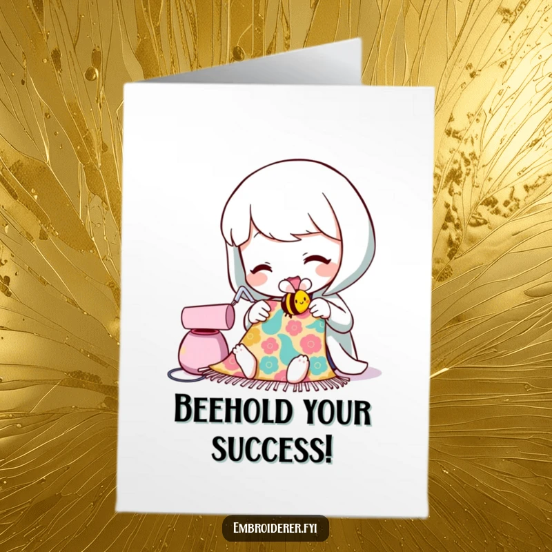Funny Free Printable Congratulations Card with a character sewing a tiny bee, celebrating achievements.