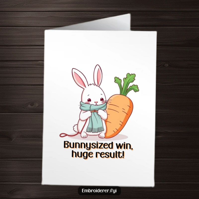 Funny Free Printable Congratulations Card: A rabbit diligently knits a scarf for a comically large carrot, celebrating an achievement.