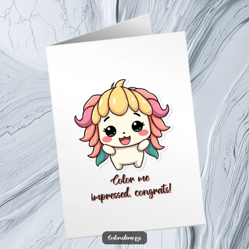 Funny Free Printable Congrats Card featuring a character proudly showing off a colorful, slightly lopsided creation, celebrating the journey of making.