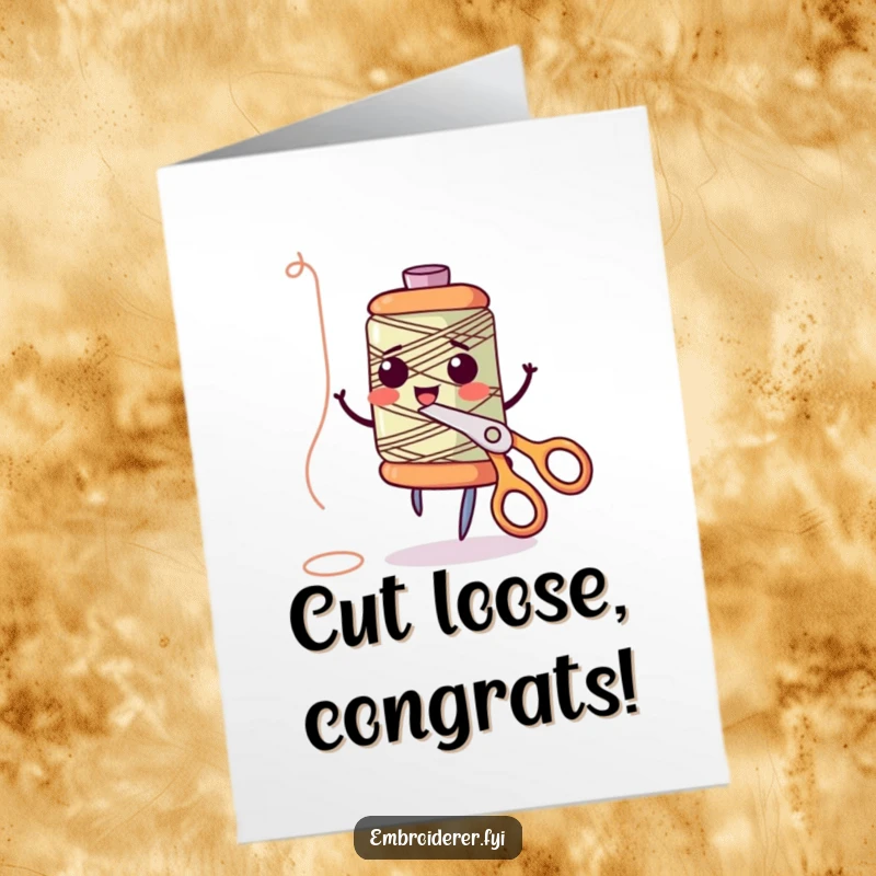 Funny Free Printable Congratulations Card featuring a giggling thread spool dancing with scissors, celebrating achievements with humor.