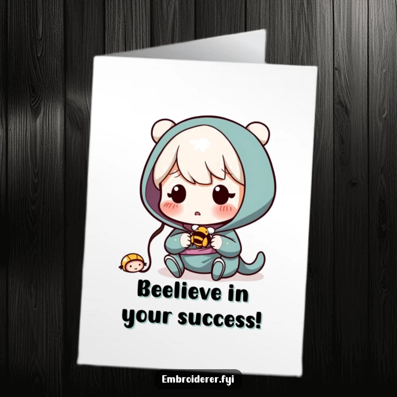 Funny Free Printable Congratulations Card: A surprised character accidentally sewed a tiny, buzzing bee into their work.