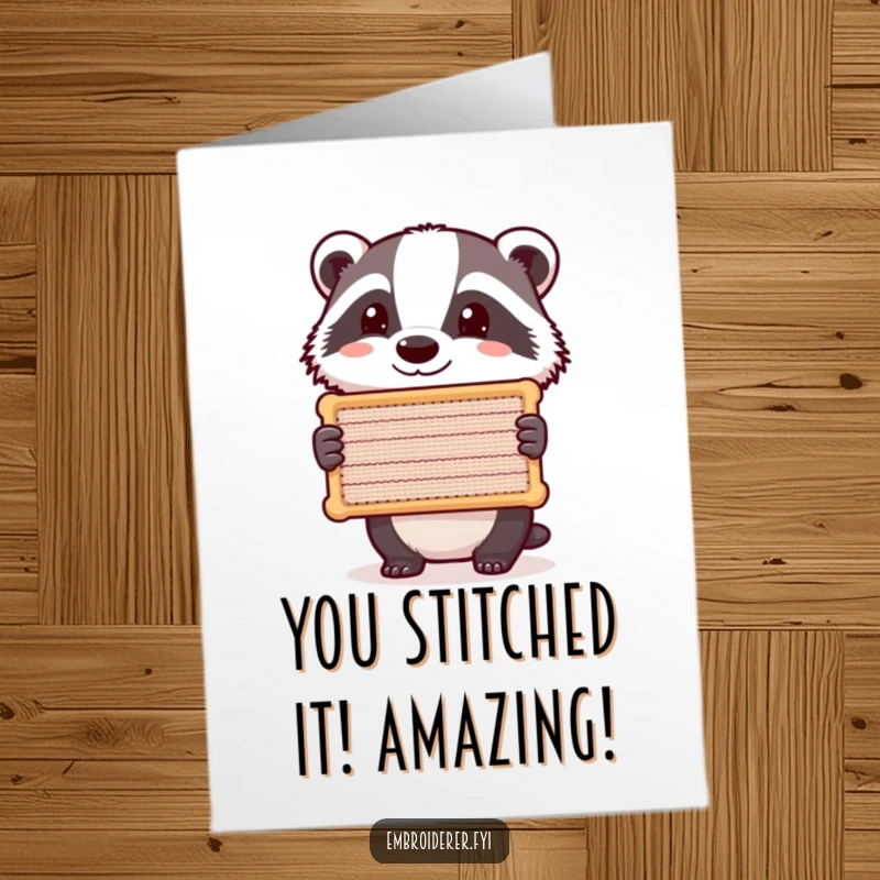 Funny Free Printable Congratulations Card: A happy badger holds up a finely stitched artwork, showcasing dedication and skill.