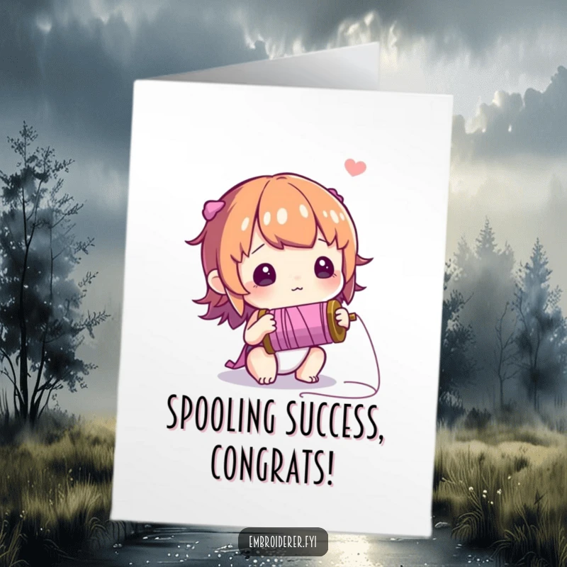 Free Printable congratulations card showing a character examining a spool of thread with an expression of pure wonder and curiosity.