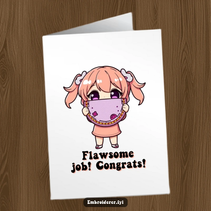 Funny Free Printable Congratulations Card: Character proudly displaying a magnificently flawed embroidered patch, celebrating unique achievements.