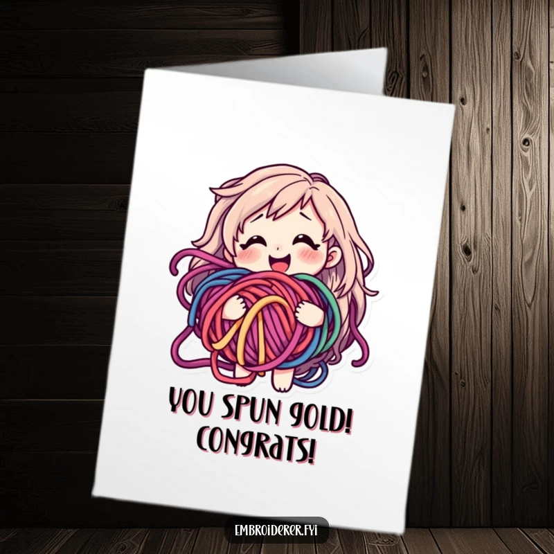 Funny Free Printable Congratulations Card: Bewildered but happy character with yarn ball, a delightful downloadable gift.