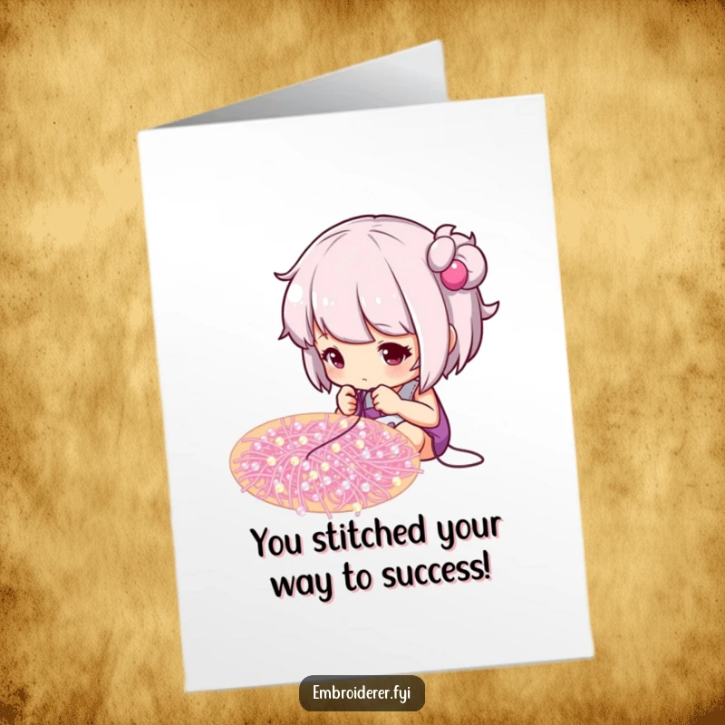 Funny Free Printable Congratulations Card: Character focused on stitching sparkling beads onto a swirling pattern, celebrating a perfect achievement.