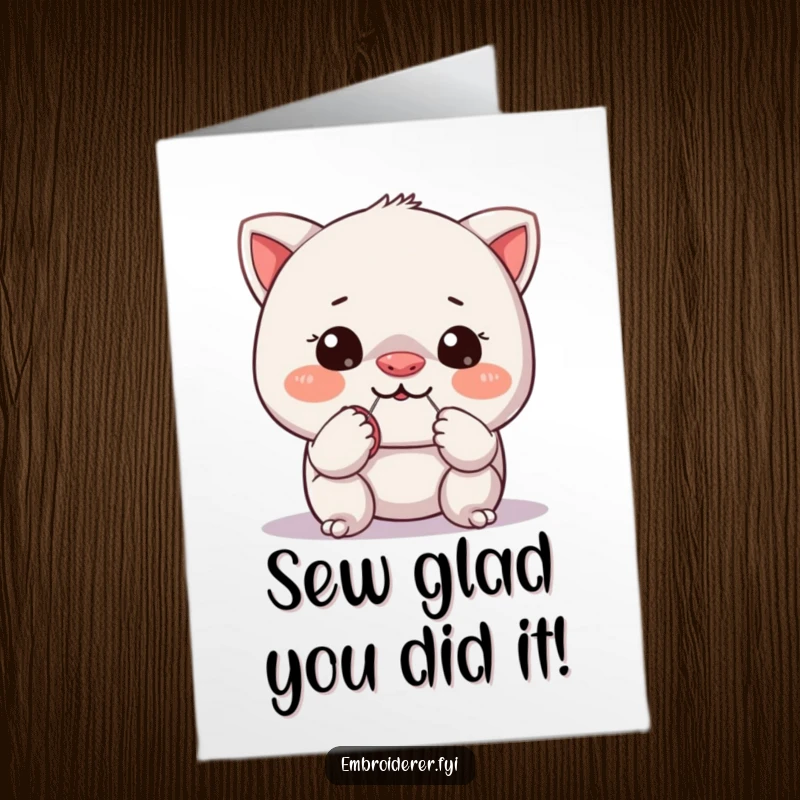 Funny Free Printable Congratulations Card: Mischievous character attempting to sew a button onto its own nose, a humorous win.