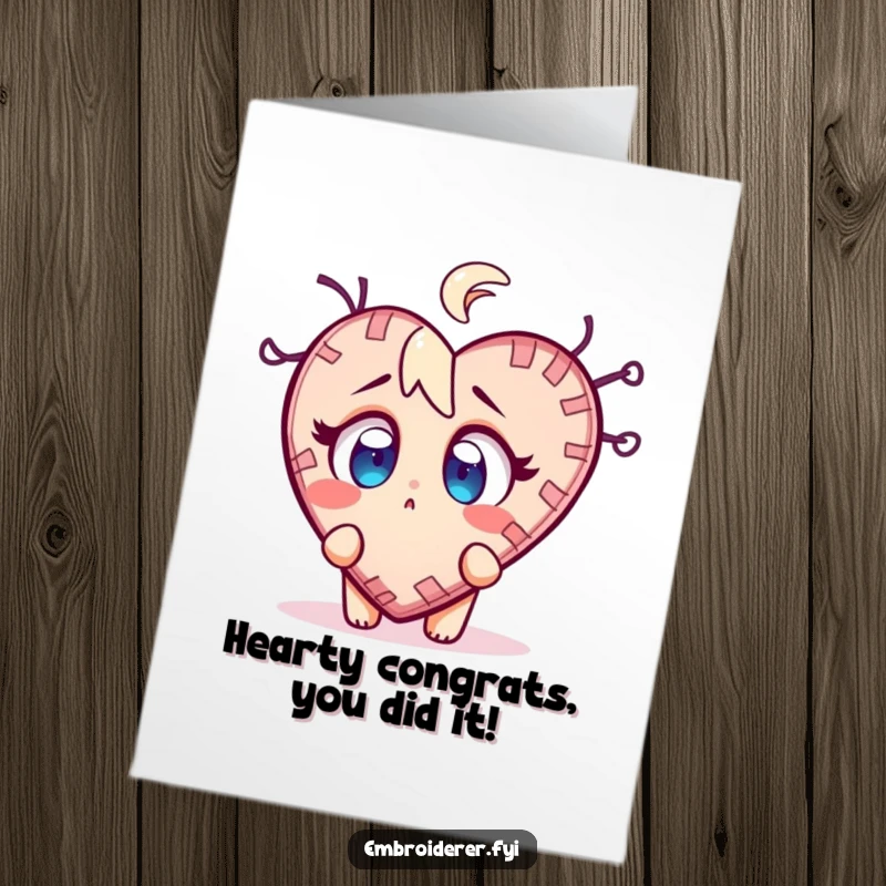 Funny Free Printable Congrats Card: A surprised character looking with wide eyes at a wobbly, half-finished stitched heart.