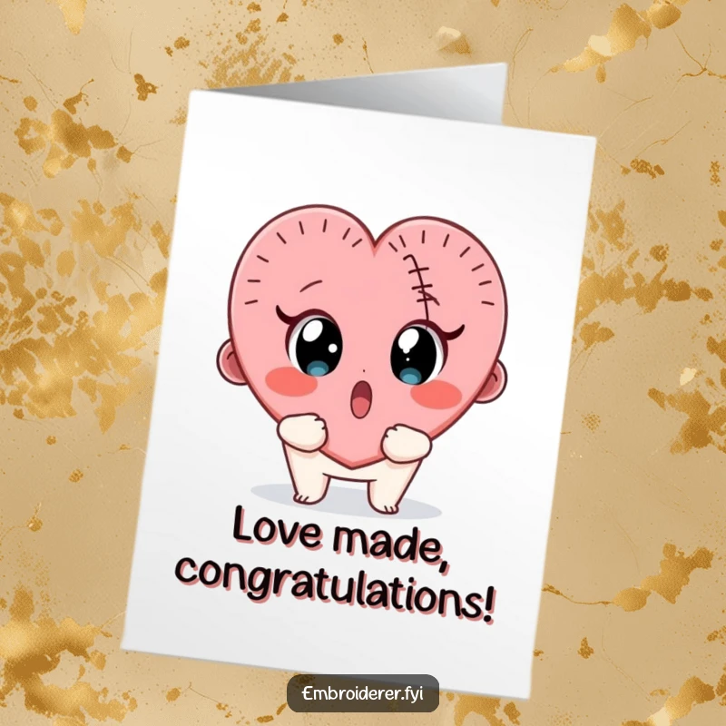 Funny Free Printable Congratulations Card: Character surprised by a wobbly stitched heart, a memorable downloadable gift.