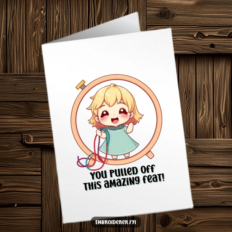 Funny Free Printable Congratulations Card: Character delighted, pulling a colorful thread from a giant embroidery hoop, signifying success.