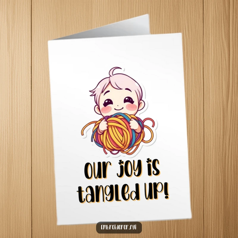 Funny Free Printable Congrats Card: A character smiling despite being happily tangled in a huge ball of colorful yarn.