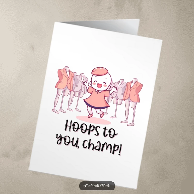 Funny Free Printable Congratulations Card featuring a character dancing joyfully amidst floating embroidery hoops, a DIY gift.