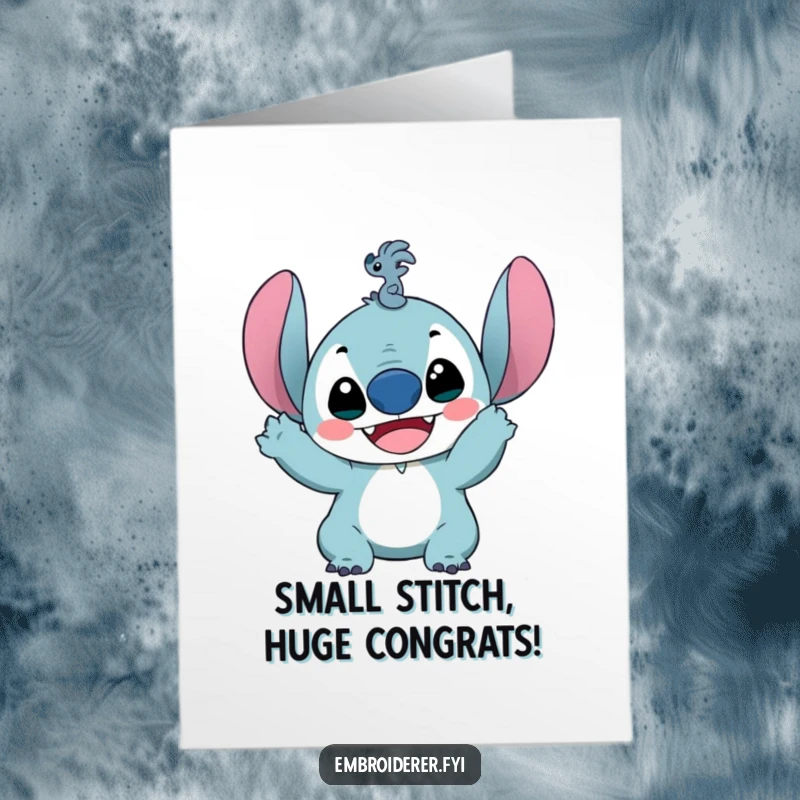 Funny Free Printable Congrats Card depicting a character beaming with delight while holding up a single, minuscule stitch, celebrating a minor achievement.