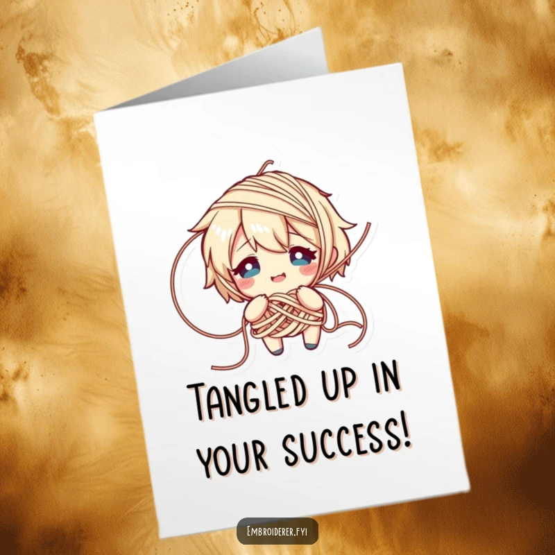 Funny Free Printable Congrats Card featuring a character hilariously tangled in yarn, smiling despite the mess, acknowledging a messy milestone.