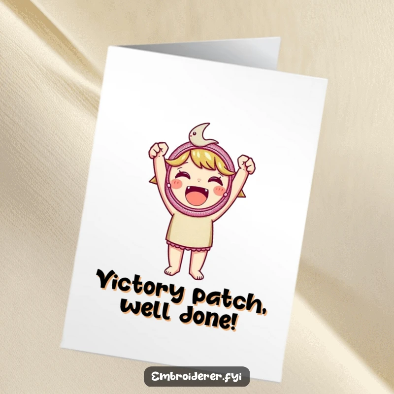 Funny Free Printable Congratulations Card: Character triumphantly holds up a beautifully embroidered patch, celebrating a significant win.
