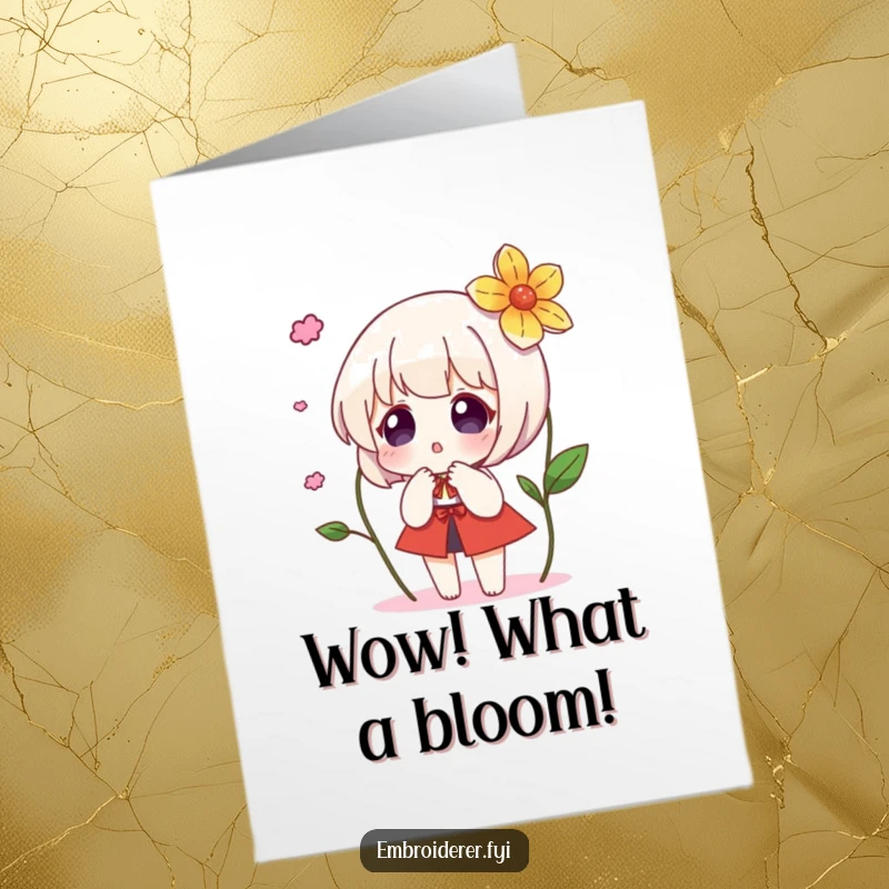 Funny Free Printable Congrats Card: Character reacts with delight as an embroidered flower magically appears, symbolizing unexpected success.